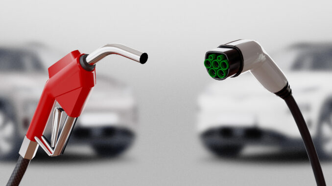 Diesel versus electric. Gas or electric station. 3d rendering illustration